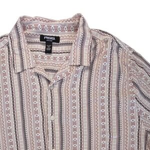 RSQ Mens XL Short Sleeve Button Up Shirt Rayon Geometric Tribal‎ Stripe Tan Grey